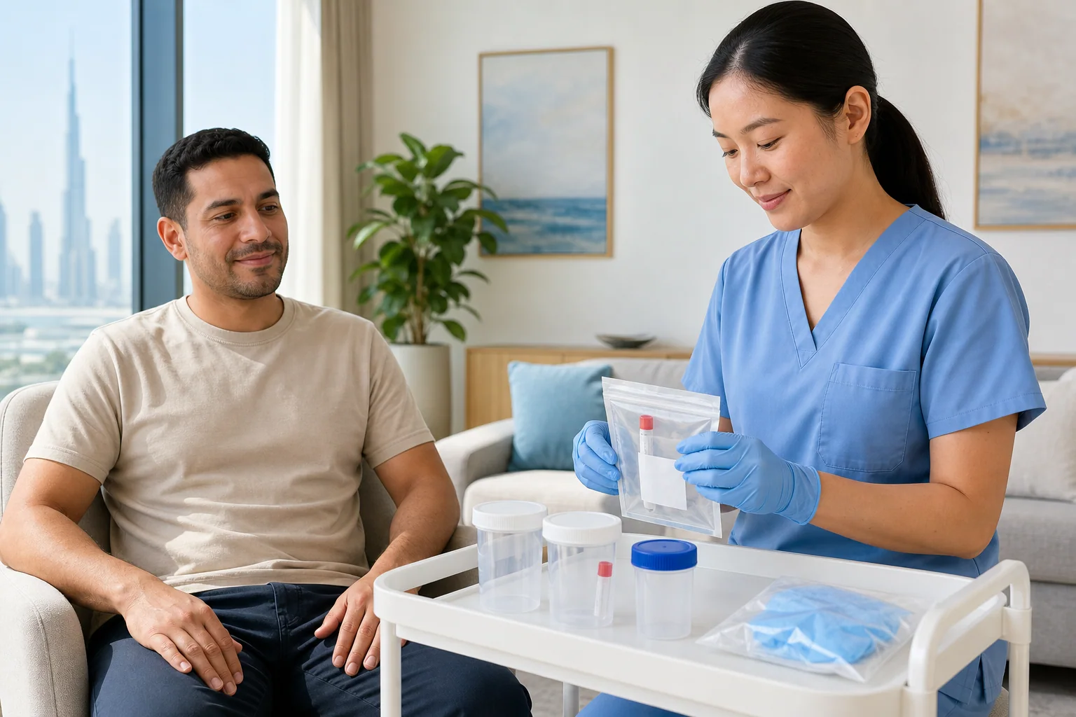 Latino adult patient with an East Asian nurse preparing a sealed home sample collection kit