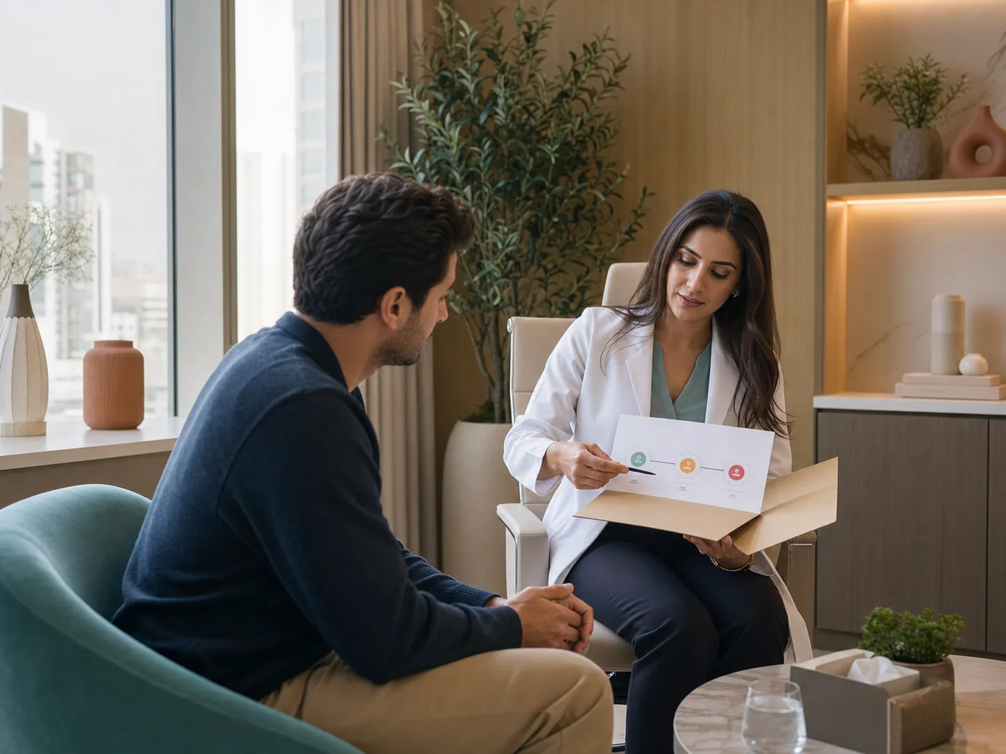 Clinician privately explaining test results and follow-up steps to an adult patient